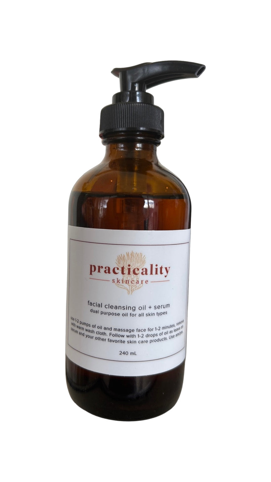 Facial Cleansing Oil + Serum 8 oz amber pump bottle with Practicality Skincare label