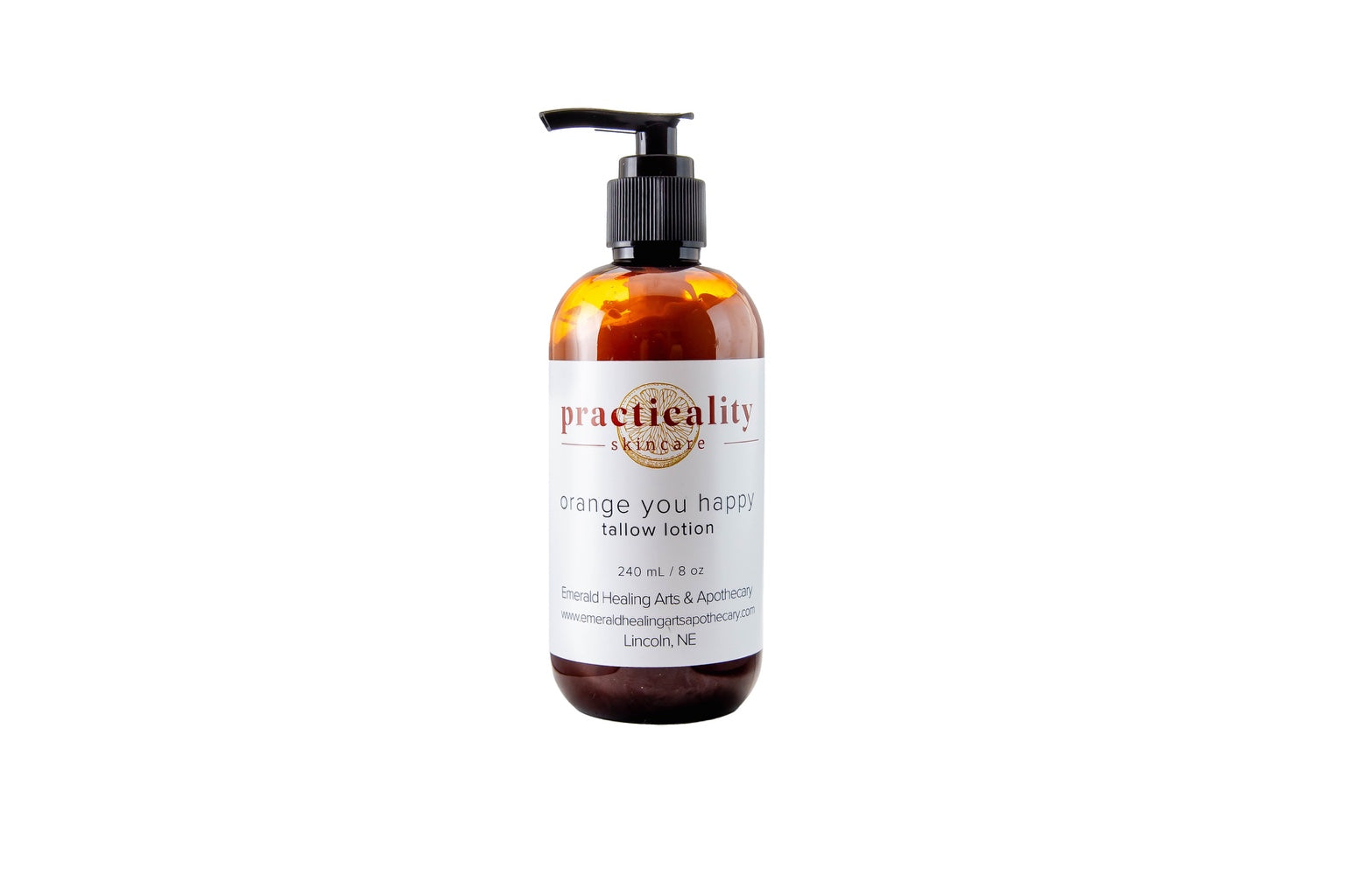 Practicality Orange You Happy Tallow Lotion 8 oz amber pump bottle on a clean white background