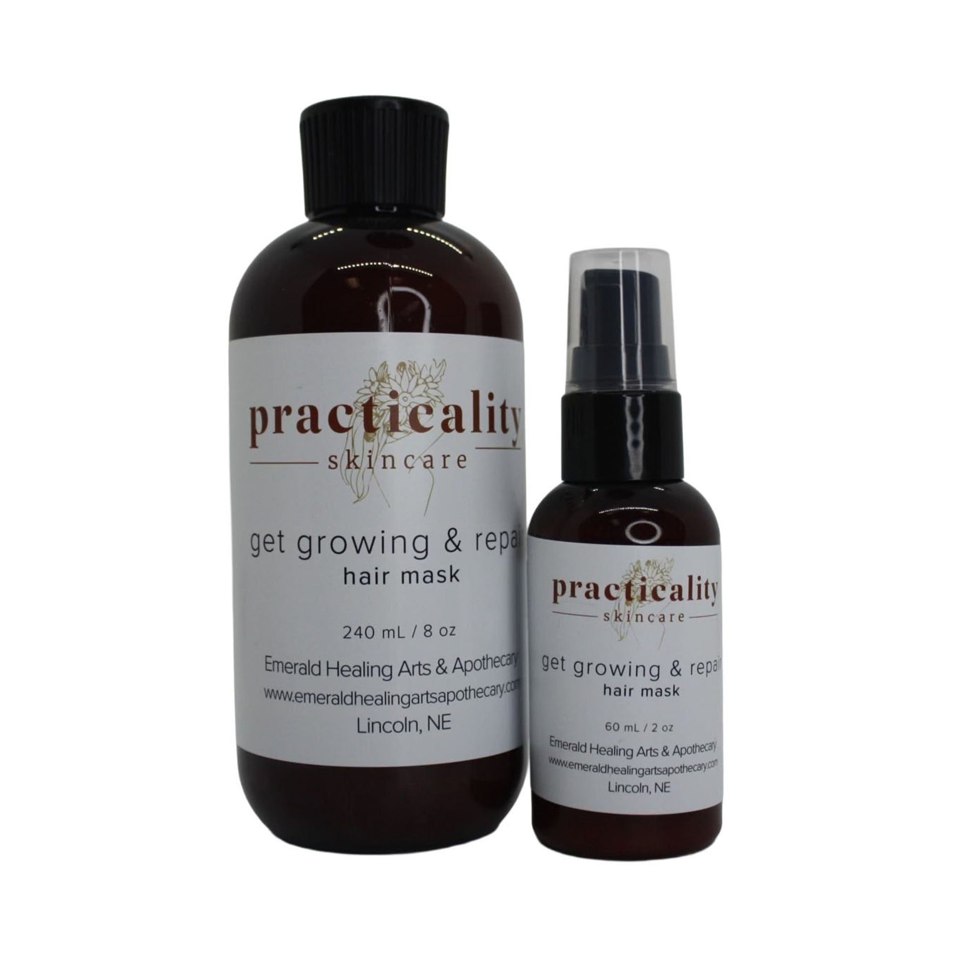 Practicality Get Growing + Repair Scalp & Hair Mask in 8 oz and 2 oz amber bottles on a clean white background
